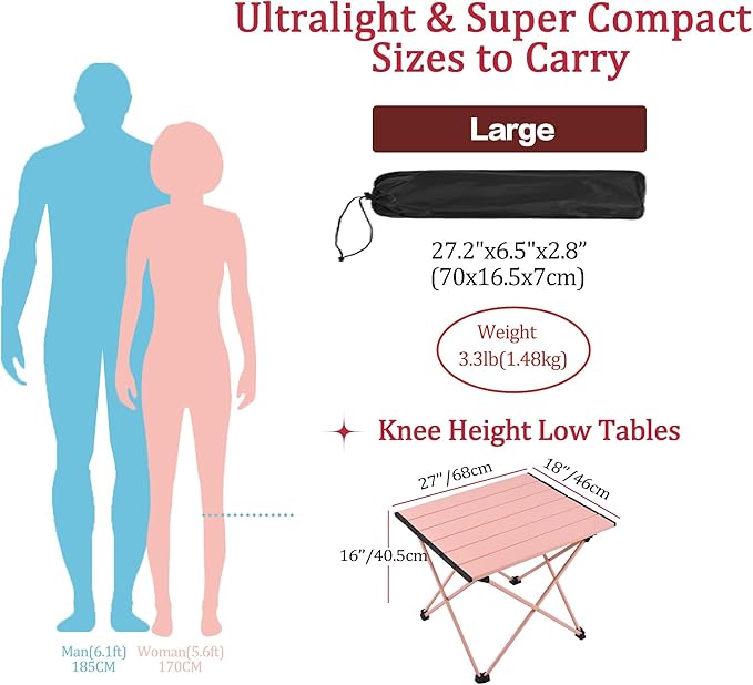 Grope Portable Camping Table with Aluminum Table Top Folding Beach Table Easy to Carry Prefect for Outdoor Picnic BBQ Cooking Festival Beach Home (Pink-L)