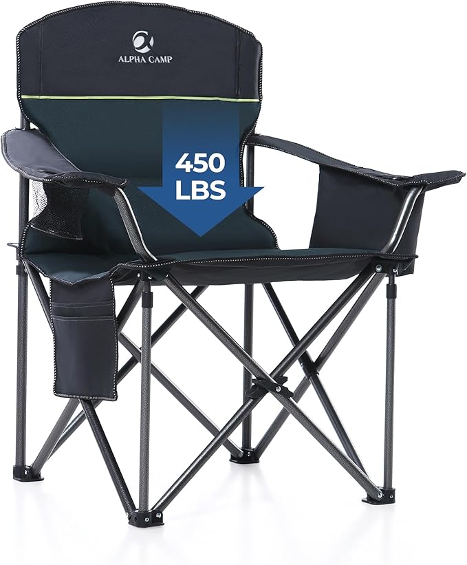 GREEN PARTY Oversized Folding Camping Chairs High Back Heavy Duty Padded Lawn Chair for Adults Support up to 450lbs with Cup Holder Side Pocket Cooler Bag Green