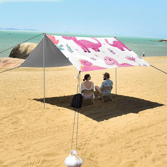 Red Purple Dinosaur Camping Sun Shelter Beach Tent Portable Beach Sun Shade Outdoor Canopy for Camping Trips Fishing Picnic