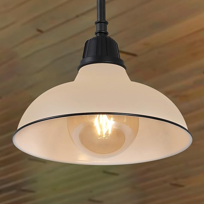 JONATHAN Y 12.25 Matte Almond 1-Light Farmhouse Indoor/Outdoor LED Pendant Iron Hanging Light and Black Metal Shade Rustic Ceiling Lamp for Kitchen Island LED Bulb Included (JYL7611J)