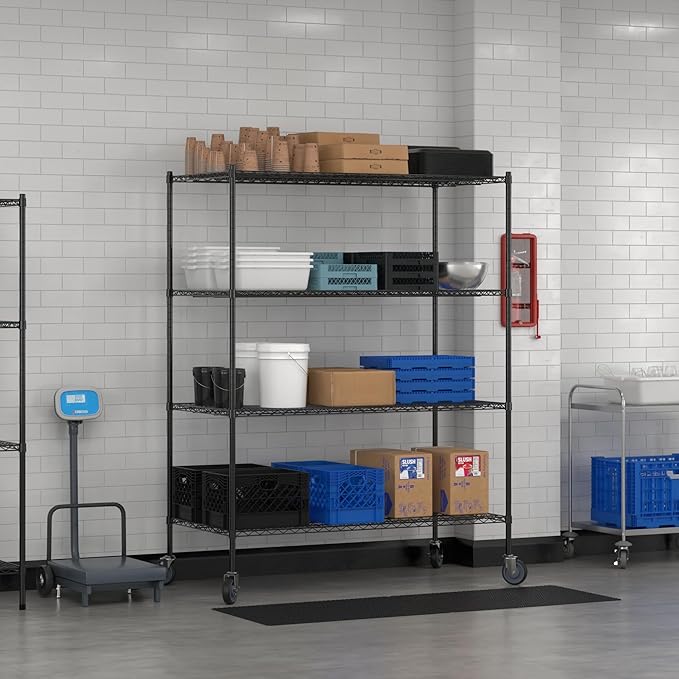 Commercial NSF Listed Black Epoxy Mobile Wire Shelving Kit 30 x 60 x 80 with 4 Shelves Perfect for Warehouse Walk-in Refrigerator Freezer Grocery Store Restaurant Dishroom