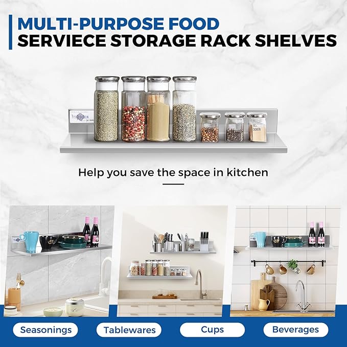 Profeeshaw Stainless Steel Shelf Wall Mounted Commercial Stainless Steel Shelves 8.6 * 24 Inch 50lb Heavy Duty Commercial Kitchen Shelf for Restaurant Bar Utility Room Kitchen and Garage