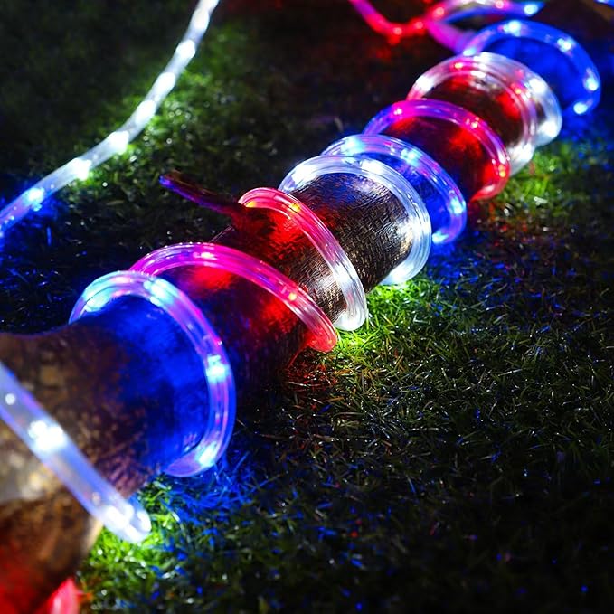 50ft 360 LED Waterproof Rope Lights 110V Connectable Indoor Outdoor Led Rope Lights for Deck Patio Pool Camping Bedroom Decor Landscape Lighting and More (RED+White+Blue)