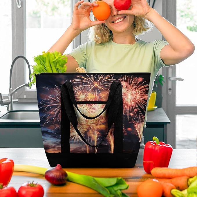 Insulated Shopping BagLarge Reusable Cooler Bags Beautiful Fireworks Printed Foldable Shopping BagTravel Waterproof Shoulder Bag