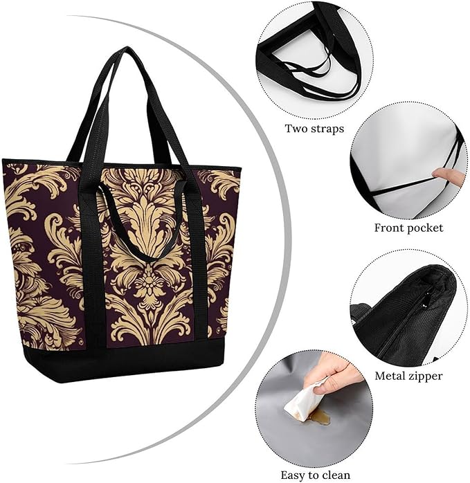 Insulated Shopping BagLarge Reusable Cooler Bags Damask Pattern Printed Foldable Shopping BagTravel Waterproof Shoulder Bag