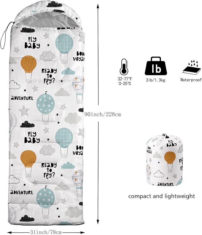 Kids Sleeping Bag for Boys GirlsHot Air Balloon-Lightweight Warm Portable Outdoor Indoor-Waterproof Cold Weather Resistant Sleeping Bag for Camping Hiking(Hot Air Balloon2)