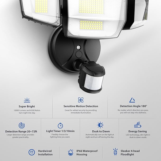 Onforu 90W 10000LM LED Motion Sensor Outdoor Lights 4-Head Dusk to Dawn Outdoor Lighting Hardwired Flood Lights IP66 Waterproof 6500K Security Floodlight for Outside (Black)