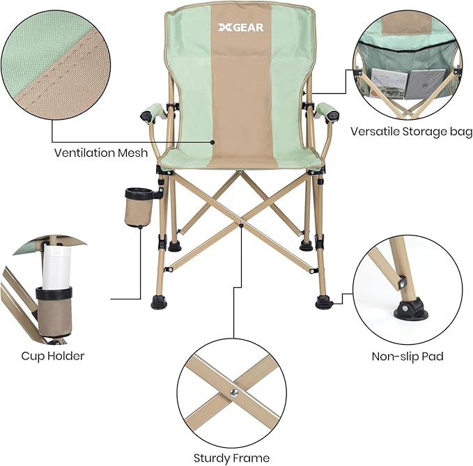 XGEAR Camping Chair Hard Arm High Back Lawn Chair Heavy Duty with Cup Holder for Camp Fishing Hiking Outdoor Carry Bag Included