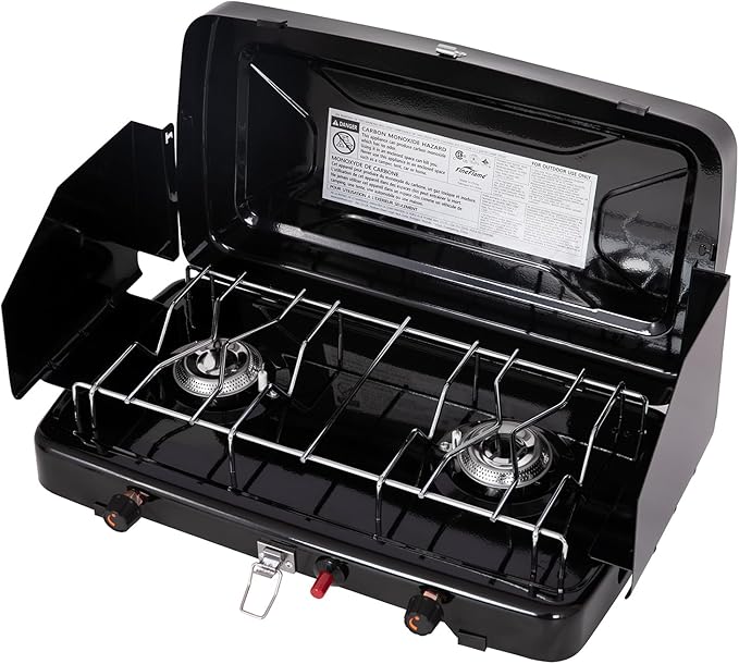 Camping Stove 2 Burners Propane Portable Camp Stove with Regulator Push-Button Instant Ignition Adjustable Burners &amp Wind Guards for Car BBQ Picnics Outdoor Cooking
