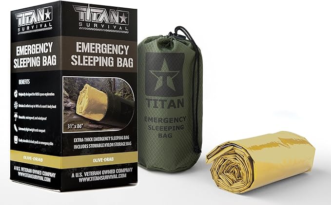 TITANSurvival Emergency Sleeping Bags for Survival 36” x 78” - 90% Heat Retention 41% Thicker &amp Waterproof - Durable Survival Sleeping Bag for Cold Weather Camping - Thermal Sleeping Bag Outdoor