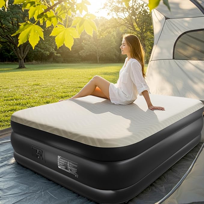 Outvita 18in Queen Air Mattress with Built-in Pump Foam Topper Inflatable Air Bed Quick Assembly Comfort Luxury Blow Up Sleeping Mat for Guests and Home Camping Travel 650lbs Weight Capacity