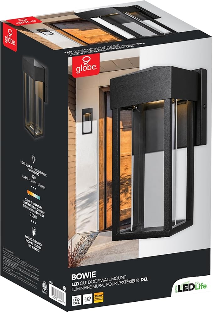 GLOBE Electric 44246 Bowie LED Integrated Outdoor Indoor Wall Sconce Matte Black Clear Glass Insert 10W 420 Lumens