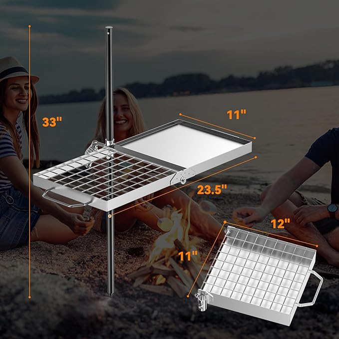 Skyflame Folding Campfire Grill Grate Stainless Steel Swivel Camping Grill Grate and Griddle with Carrying Bag Portable Outdoor Cooking Equipment for Open Flame Fire Pit Backpacking Camping