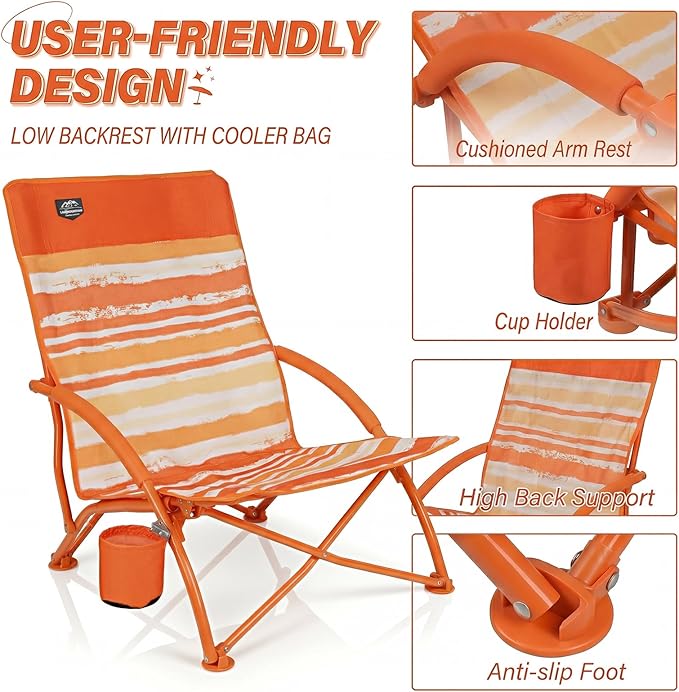 2 Pack Low Beach ChairFolding Recliner Camping Chair for AdultsLightweight Backpacking Low Seat Camping Chairs with Cup HolderCarry Bag for Outdoor Camp Picnic FestivalOrange Strip