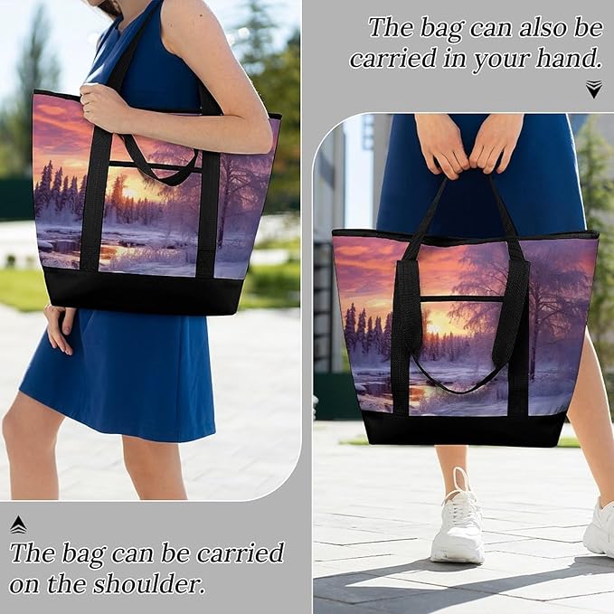 Insulated Shopping BagLarge Reusable Cooler Bags Winter Landscape Printed Foldable Shopping BagTravel Waterproof Shoulder Bag