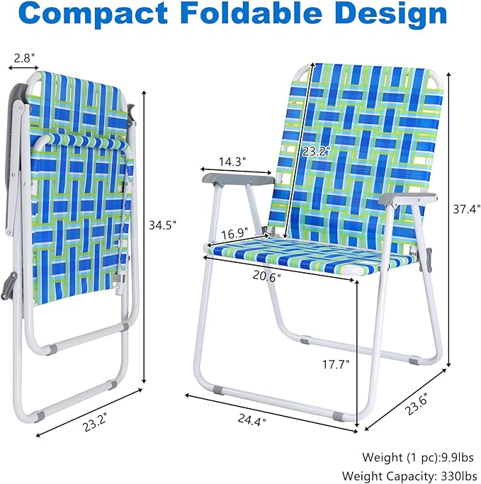 VINGLI Oversized Patio Lawn Chairs Folding 1 Piece Webbed Folding Chair Outdoor Beach Chair Portable Camping Chair for Yard Garden (Blue Oversized)