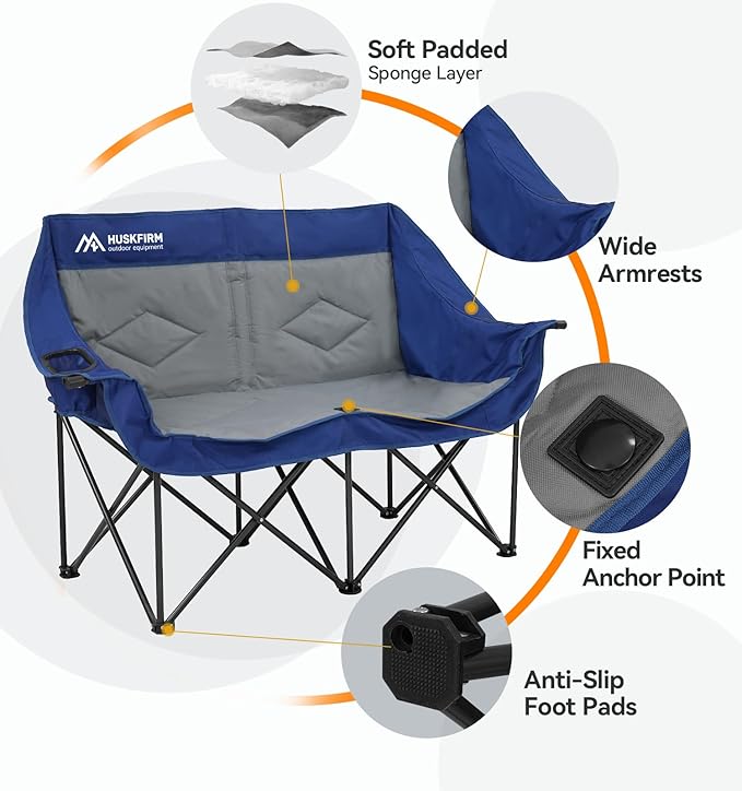 Double Camping Chairs Oversized Loveseat - 2 Person Camping Chair Portable Lawn Folding Chair for Outside Adults - Heavy Duty Outdoor Camping Couch with Cup Hold Blue