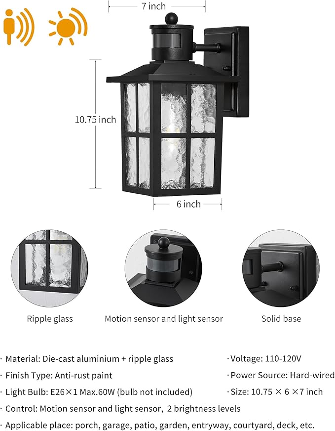 KDG Outdoor Motion Sensor Patio Wall Light Fixtures Set of 2 Black E26 Socket Waterproof Lanterns with Tempered Glass Modern Wall Mounted Lamps Suitable for Home Front Door Garage Porch