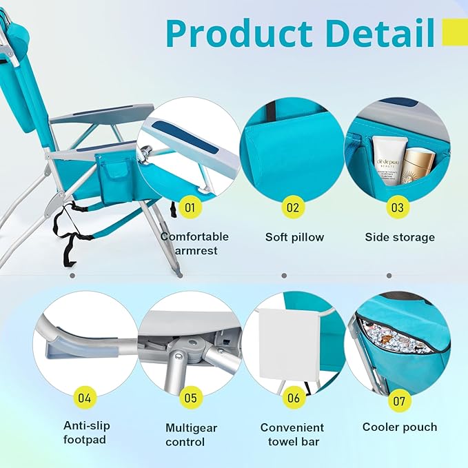 Backpack Beach Chairs Low 5 Position Beach Chair with Pouch Straps Folding Lightweight Reclining Aluminum Lay Flat Single (Mint Green High)