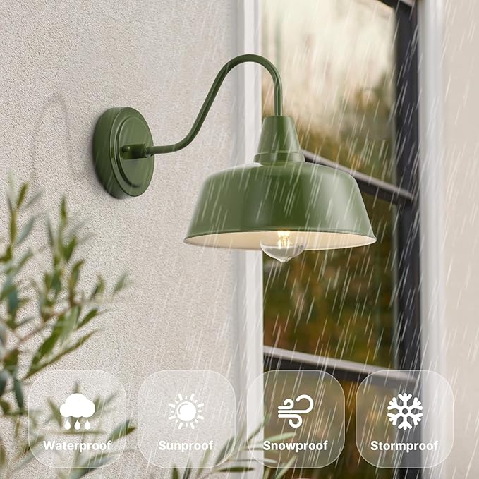 10-Inch Olive Green Gooseneck Barn Lights (2-Pack) - Rustic Outdoor Wall Sconces for Farmhouse Porch &amp Garage Weather-Resistant Metal Exterior Light Fixture with Dome Shade