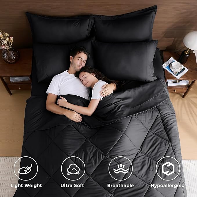 HEVUMYI Black 120x98 Oversized King Comforter Set - 7-Piece All Season Bed in a Bag Oversized King Ultra Soft Bedding Set with 120 x 98 Comforter Flat Sheet Fitted Sheet Pillowcases Pillow Shams
