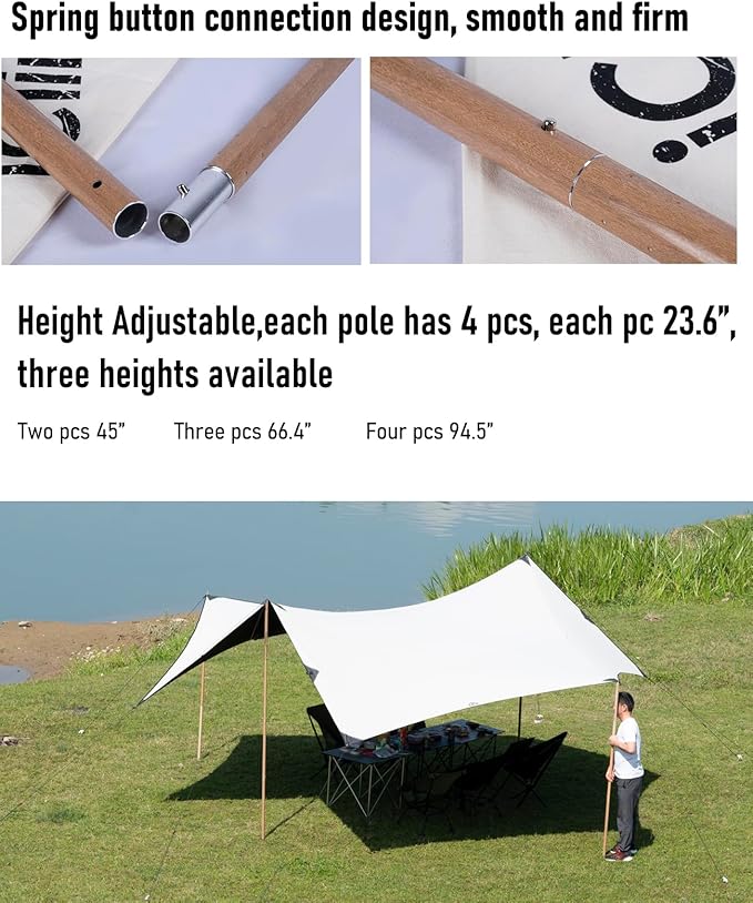 iClimb Strong Elegant Alu. Tarp Poles Set of 2 Height Adjustable with Lantern Hook and Carry Bag Nature Color