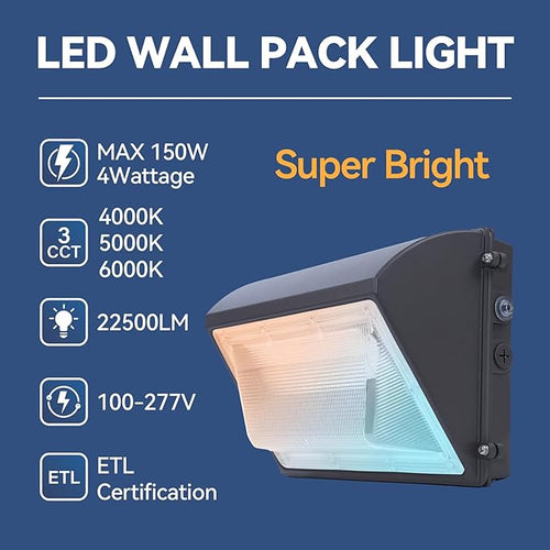 150W LED Wall Pack Light with Photocell 4Pack 4000/5000/6500K 3CCT 80/100/120/150W Selectable LED Security Flood Commercial Outdoor Wall Lights for Parking Lot Barn Warehouses 100-277V ETL Listed