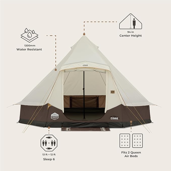 CORE 6 Person Bell Tent with LED Lights | Spacious Family Lighted Tent with Carry Bag for Camping Glamping and Backyard Adventures