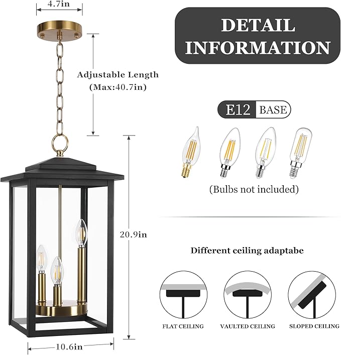 LamQee Large Outdoor Pendant Lights 3-Lights Black and Gold Outdoor Chandelier Lighting Fixture Modern Exterior Ceiling Hanging Lantern with Glass for Porch Front Door Patio Gazebo Entryway Foyer