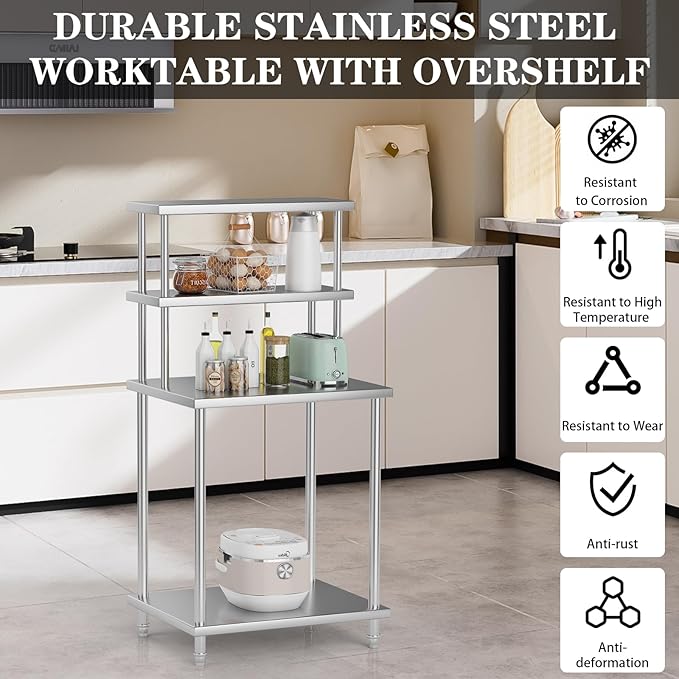 30x24 Stainless Steel Work Table with 2-Tier Adjustable Overshelves Commercial Prep Table for Kitchen Restaurant Garage Laundry Utility Room