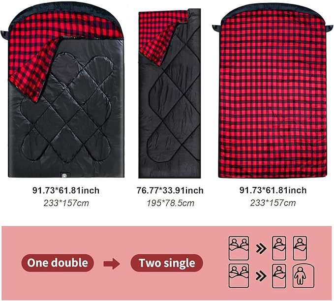 ShinHye Double Sleeping Bag for Adults with 2 Pillows Camping Sleeping Bags Flannel Cotton 2 Person Sleeping Bags XXL Queen Size Sleeping Bag for Cold Weather