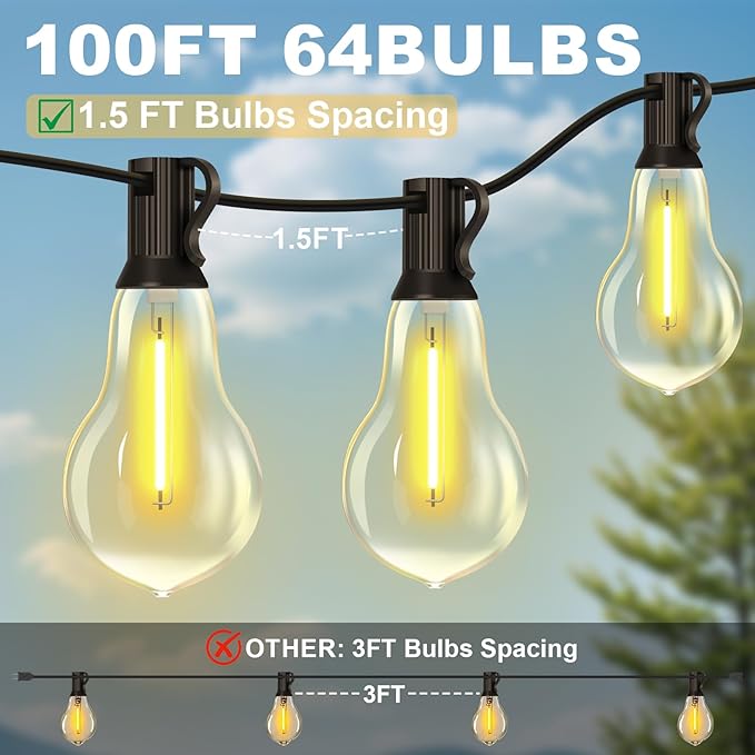 100FT Outdoor String Lights Waterproof with 64+4 Bulbs (1.5FT Bulbs Spacing) Remote &amp Dimmer Commercial Patio String Lights with 3 Mode Light &amp Timing 100PC Mounting Ties for Outside