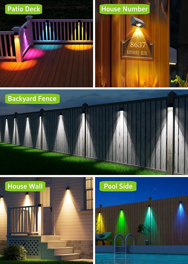 Solar Fence Lights Outdoor Waterproof High Brightness LED Spot Lens Deck Lights 7 Mode Warm &amp Cool White RGB Solar Powered Wall Lighting Decor for Outside Patio Step Backyard Railing Pool - 8 Pack