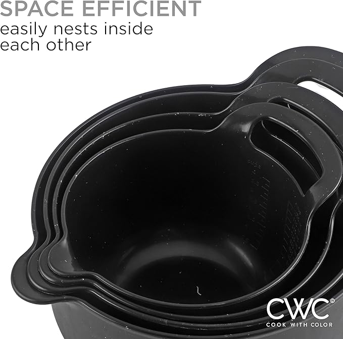 COOK WITH COLOR Nesting Plastic Mixing Bowl Set with Pour Spouts and Handles Black Speckled 4 Piece Non-Slip