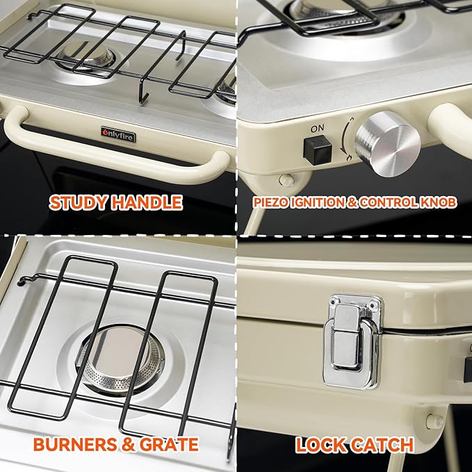 ONLYFIRE OUTDOOR LIVING Portable Camping stove 2-Burner Propane Gas Stove with Foldable Legs Camp Stove for Camping Patio Backyard Picnic Tailgating RV BBQ GS331 Off-white