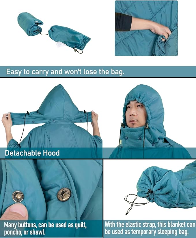 iClimb 1 Hooded 3M Thinsulate Insulation Warm Blanket and 1 3M Thinsulate Insulation Sleeping Bag Ultralight Compact for Adults Outdoor Camping Backpacking Hiking