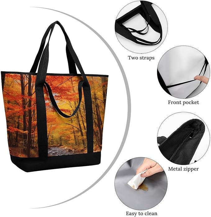 Insulated Shopping BagLarge Reusable Cooler Bags Fall Foliage Printed Foldable Shopping BagTravel Waterproof Shoulder Bag