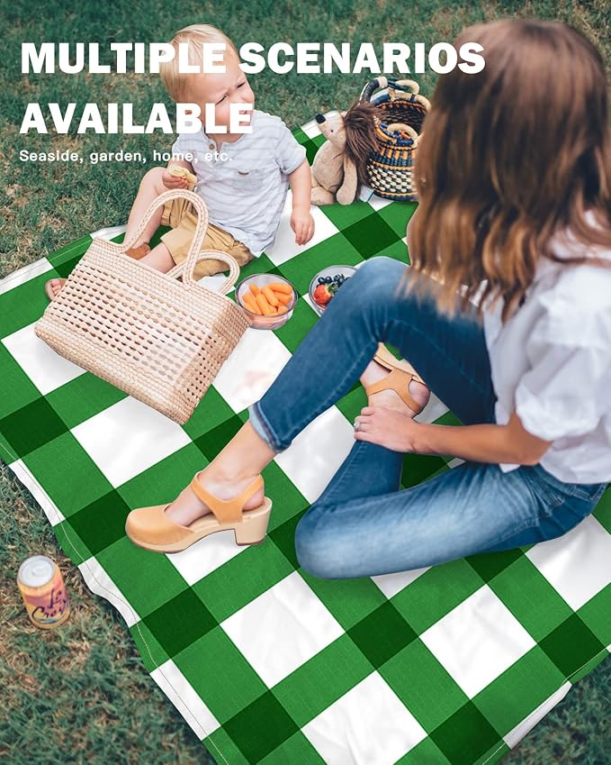 Beach Blanket Waterproof Sandproof St Patrick's Day Green Stripe Lattice Quick Drying Beach Mat with 4 Stakes Classic Buffalo Checker on White Lightweight Picnic Blanket for Travel 118x108
