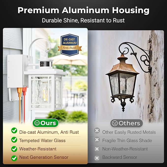 Outdoor Porch Light with GFCI Outlet White Exterior Lighting Fixtures Wall Mount Motion Sensor Outdoor Wall Sconce Anti-Rust Coach Lights for Garage Modern Patio Lantern Lights for House
