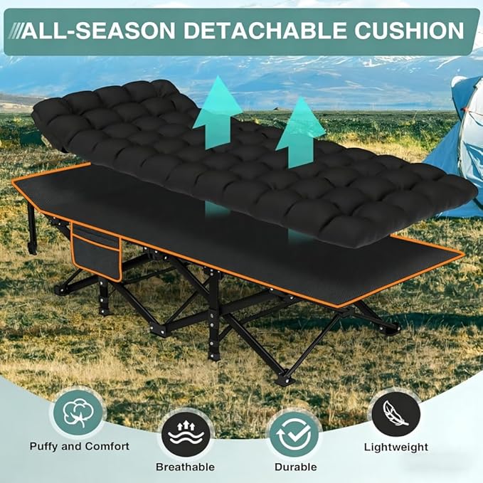 Comfortable and Soft Folding Bed Portable Camping cot with Side Pockets and Mattress Extra-Thick Oversized Folding Bed Weight Capacity of 500/600/700 lbs (Black 600lbs)