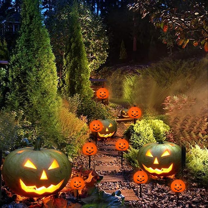 SUNSGNE Halloween Pathway Lights Outdoor Set of 4 Halloween Pumpkin Stake Lights Connectable Jack-O-Lantern Walkway Light for Holiday Garden Party Driveway Lawn Lighting Decor