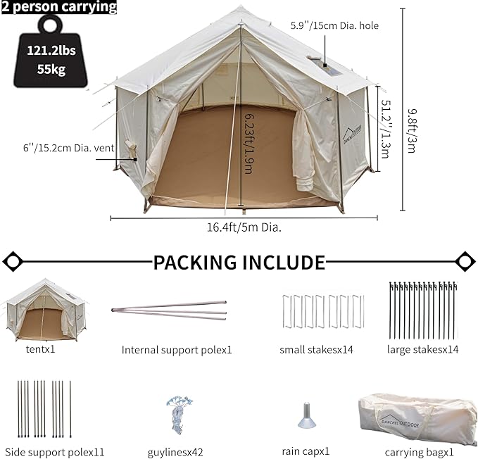 DANCHEL OUTDOOR B6 Luxury Glamping Wall Tent w/Stove Jack No Center Pole Higher Side Wall 900D Flame Retardant Oxford for 4 Season 4-6 Person Family Yurt Cabin Glamping Camping13ft/16.4ft