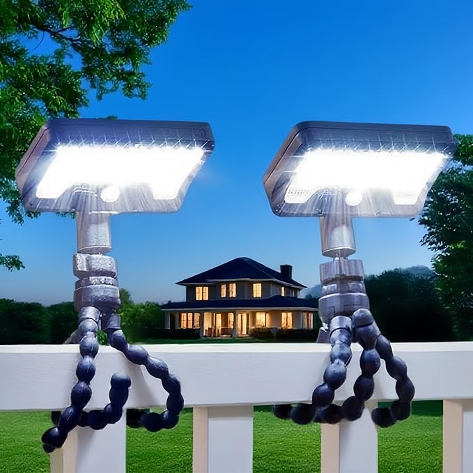 Motion Sensor Outdoor Lights with Flexible Octopus Tripod - 600LM Solar Sercurity Lights Waterproof Dual Charging Solar Ourdoor Light for CampingFence Patio (Black-2pcs)