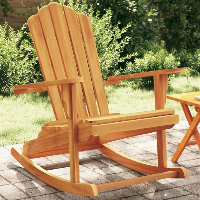 Garden Rocking Adirondack Chair Solid Teak Wood Outdoor Patio Lounge Seating Oiled Finish Medium Size Comfortable High Back 286lb Capacity for Yard Deck Balcony