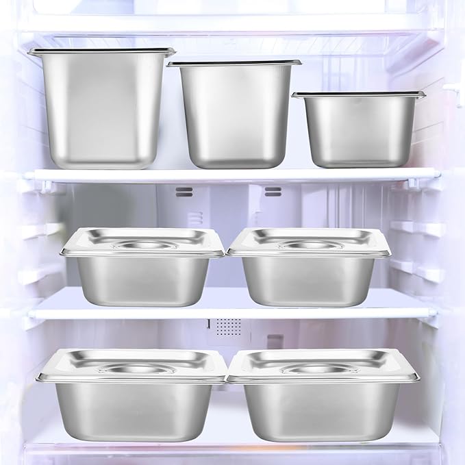 12 Pack Stainless Steel Hotel Pans with Lid 1/6 Size Steam Table Anti Clogging Steamer Restaurant Pans for Buffet Serving Commercial Catering Party 2.5'' 4'' 6'' Deep 6.9 x 6.5 Inch