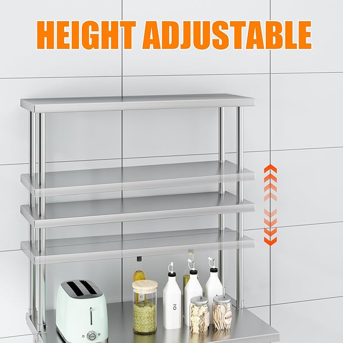12x36 Stainless Steel Double Overshelf 2-Tier Adjustable NSF Shelf for Prep/Work Table Commercial Restaurant Kitchen Garage Utility Room