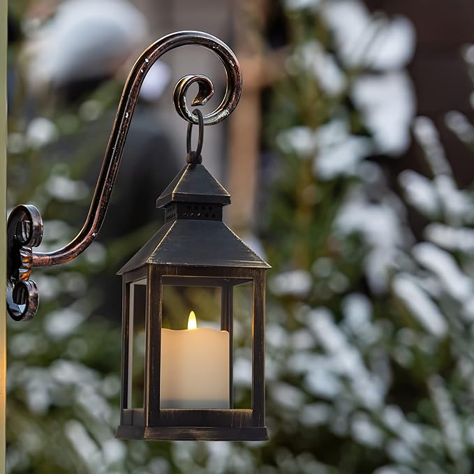 Vintage Golden Brushed Black Lantern Decorative LED Flickering Flameless Candle with Timer Battery Powered LED Decorative Hanging Lanterns for Indoor Outdoor Garden Yard Home Decor(4 Pack)
