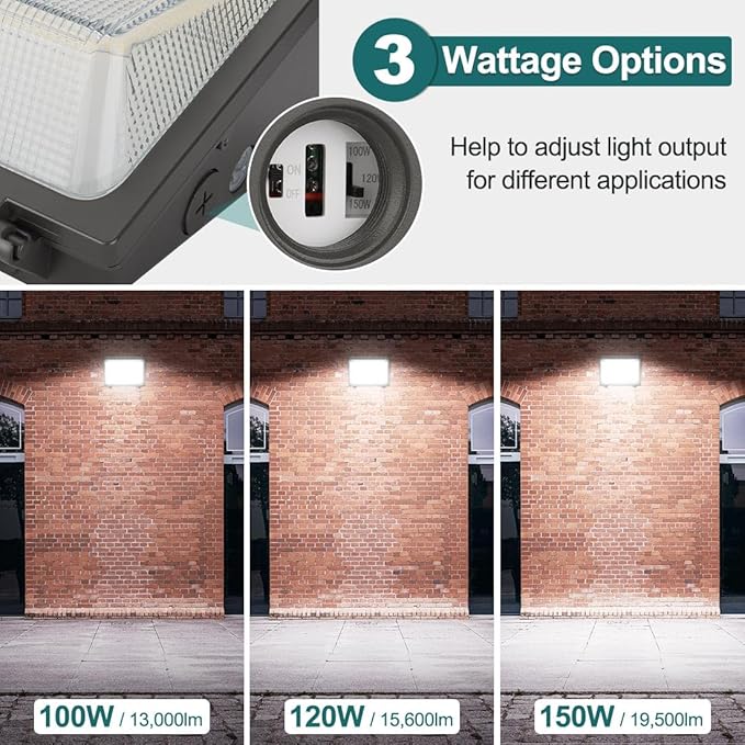 kadision 150W LED Wall Pack 120W 100W Adjustable 19500lm 5000K 120-277V Dusk-to-Dawn Outdoor Lighting Exterior Light for House Parking Lot Warehouse Entrance ETL Listed 1-Pack