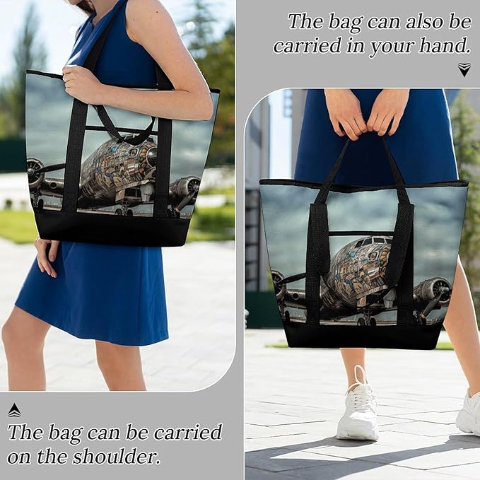 Insulated Shopping BagLarge Reusable Cooler Bags Airplane Art Printed Foldable Shopping BagTravel Waterproof Shoulder Bag
