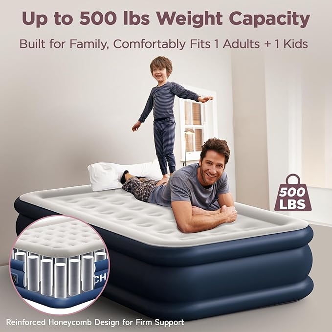 Twin XL Air Mattress with Built-in Pump 18 Raised Comfort 80“ Length 48Hr Leak-Proof Test Upgraded Honeycomb Pillar Design Supports 500 lbs 2-Min Inflation for Home Guests &amp Camping